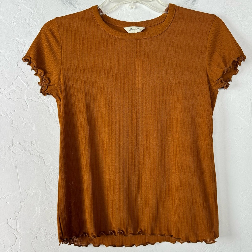 Madewell Baby Tee Shirt Knit Top‎ Ribbed Golden Pecan Brown Rust Orange Sheer